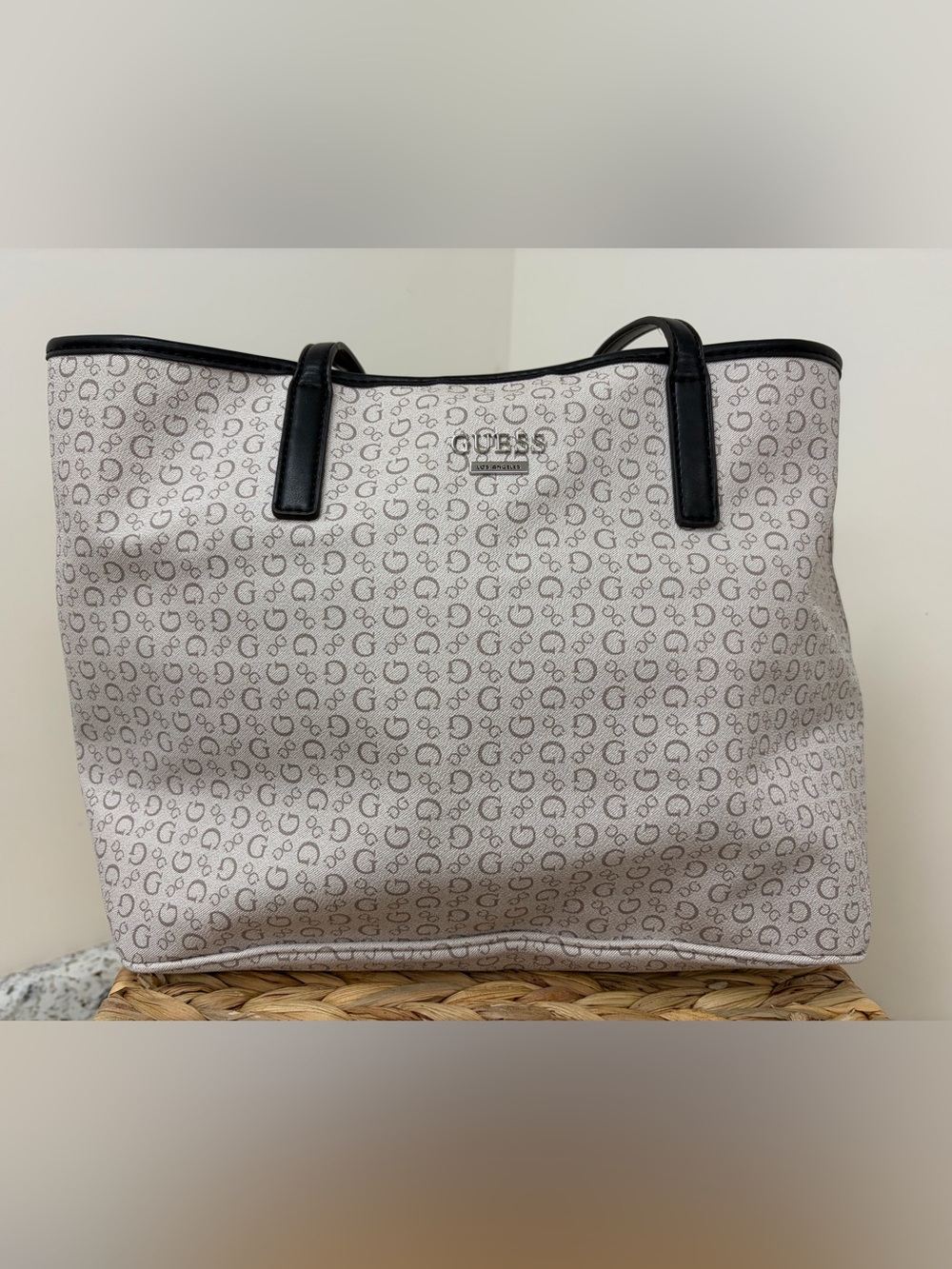 GUESS Cream Monogram Tote with Black Trim